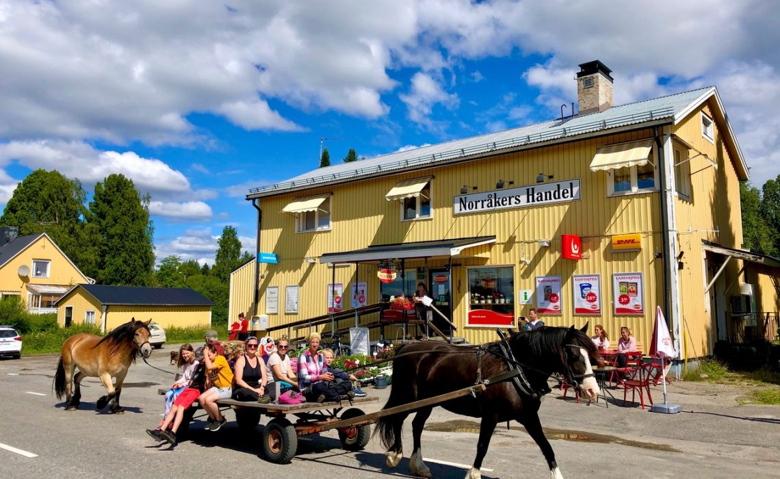 Norråkers handel hästen Lisa drar vagn med barn